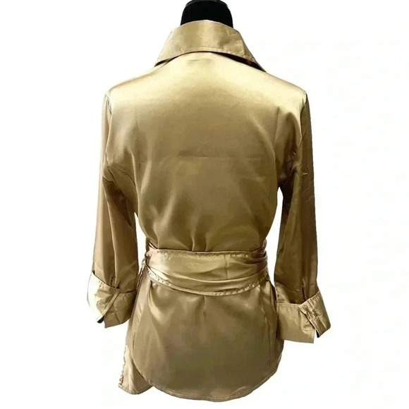 Suzy Shier Wrap Blouse Gold Satin V Neck Tie Waist 3/4 Sleeve Sash  Belt Size XS - Picture 2 of 16